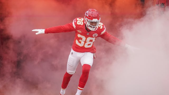 Dec 25, 2023; Kansas City, Missouri, USA; Kansas City Chiefs cornerback L'Jarius Sneed (38) is introduced against the Las Vegas Raiders prior to a game at GEHA Field at Arrowhead Stadium. Mandatory Credit: Denny Medley-USA TODAY Sports  